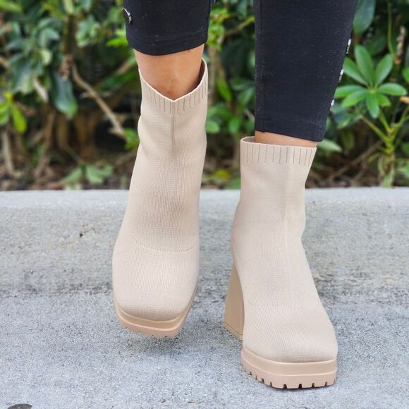 Women's Chunky Block Heel Sock Boots Nude Color - Picture 1 of 6